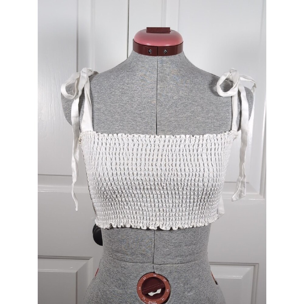 Reformation Leonore Smock Crop Top White Tie Shoulder Ruffle Bodice Tank Size 2
